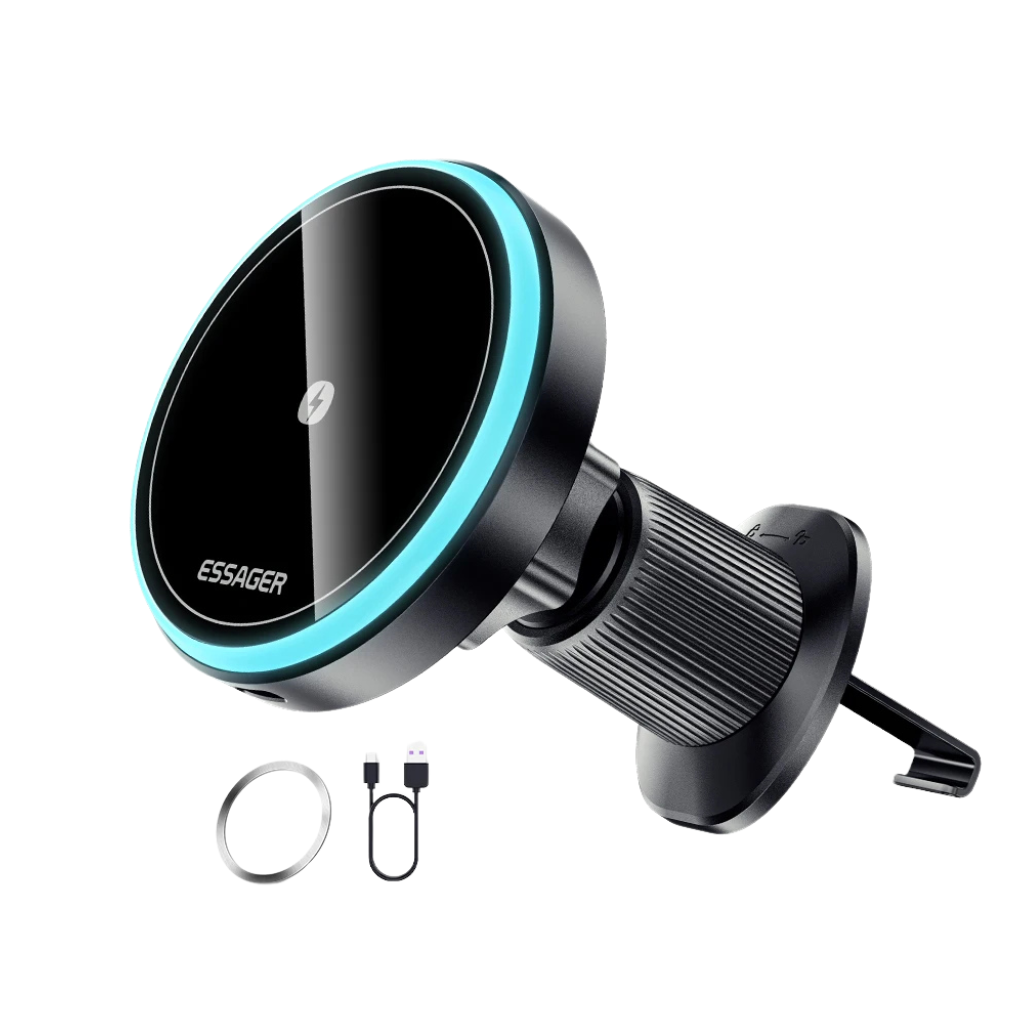 compact magnetic car charger holding iPhone