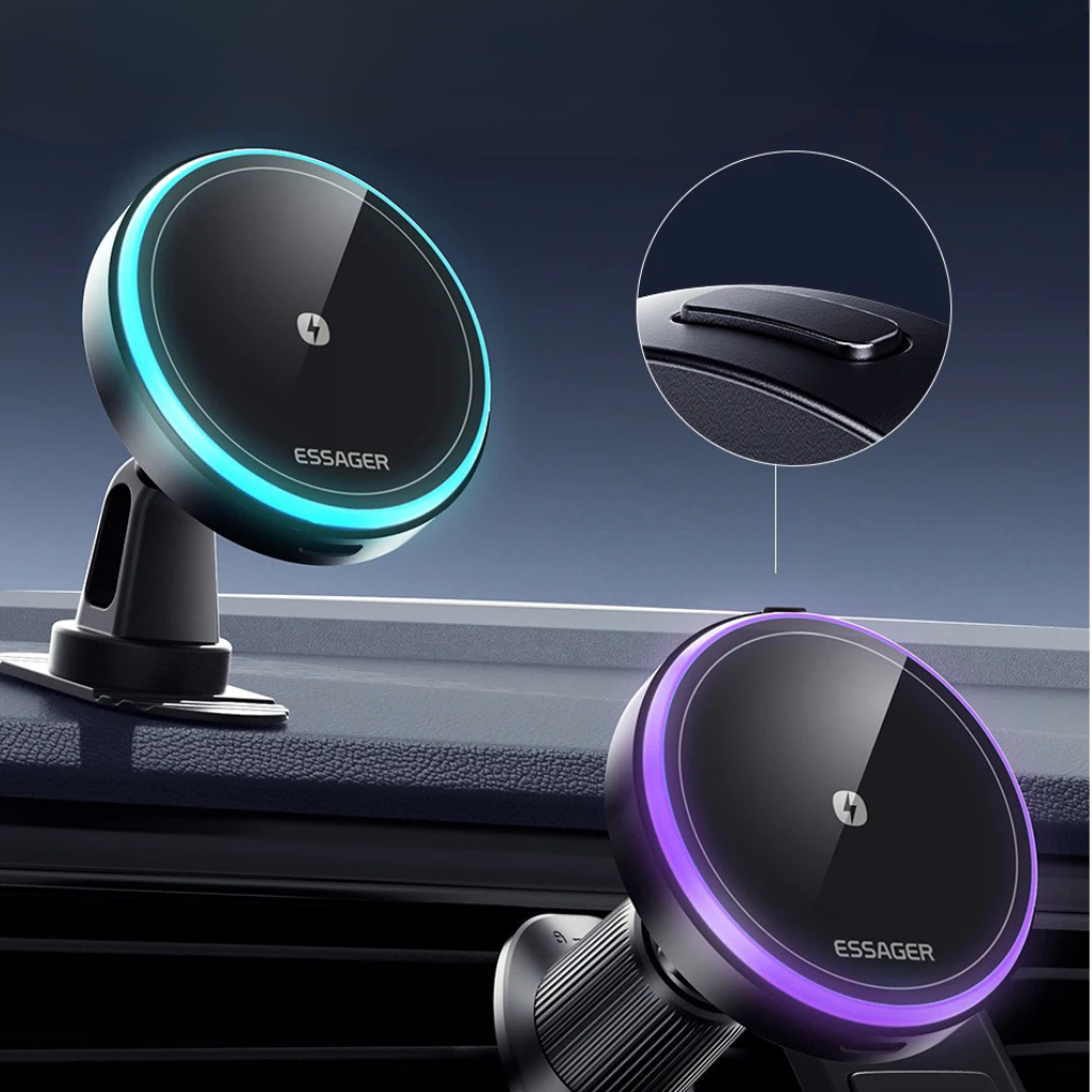 magnetic wireless car charger mounted on dashboard with iPhone