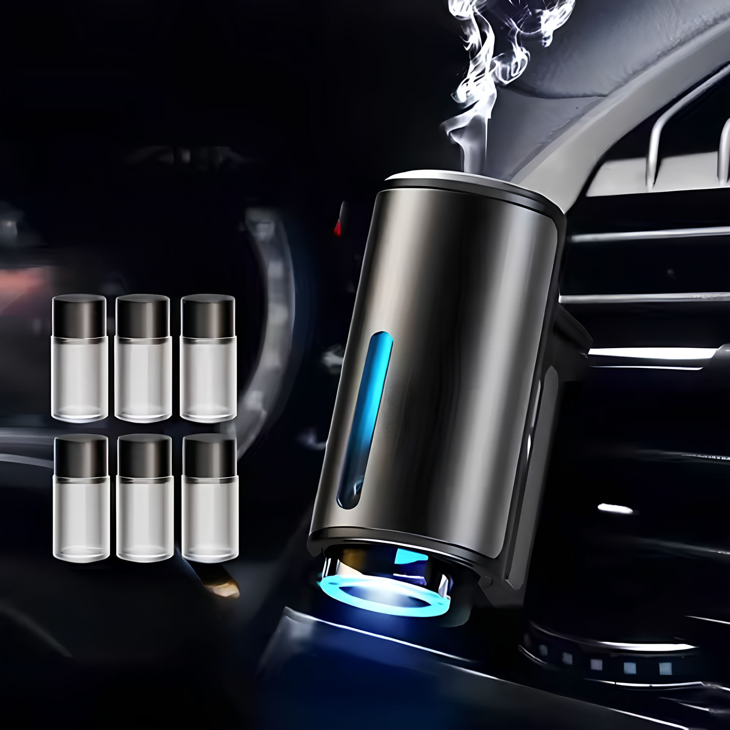 Car air freshener with blue light indicator and six small bottles in a car interior setting.