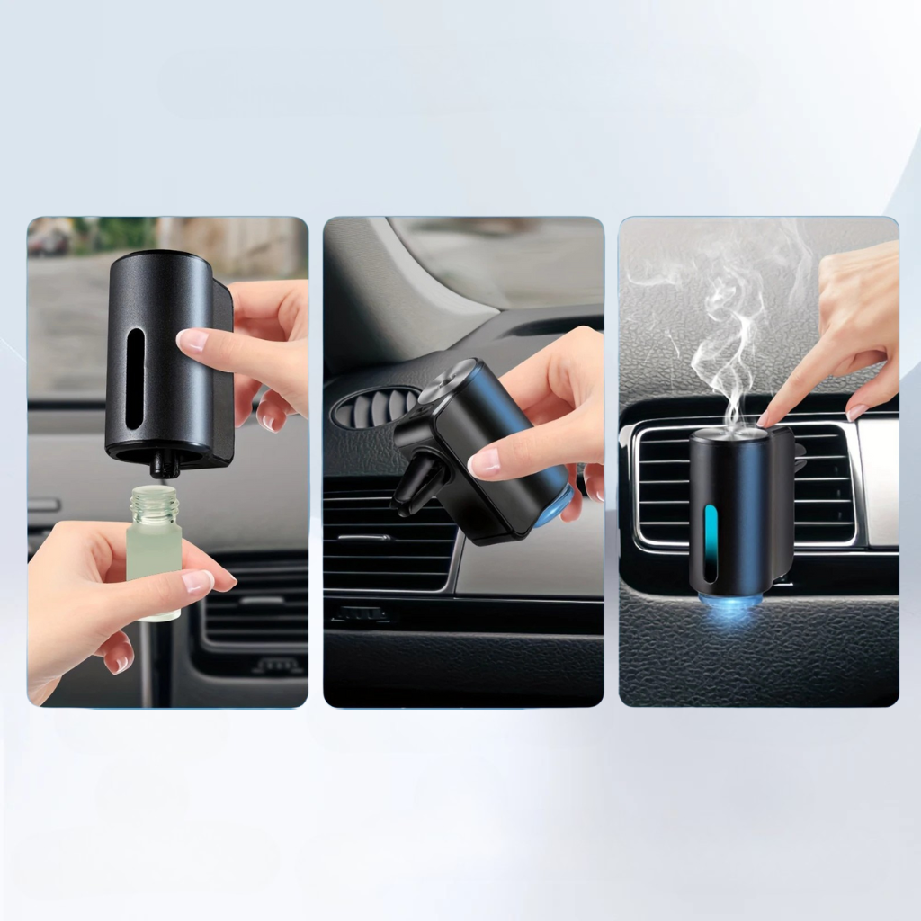 Step-by-step process of using a car air freshener device.