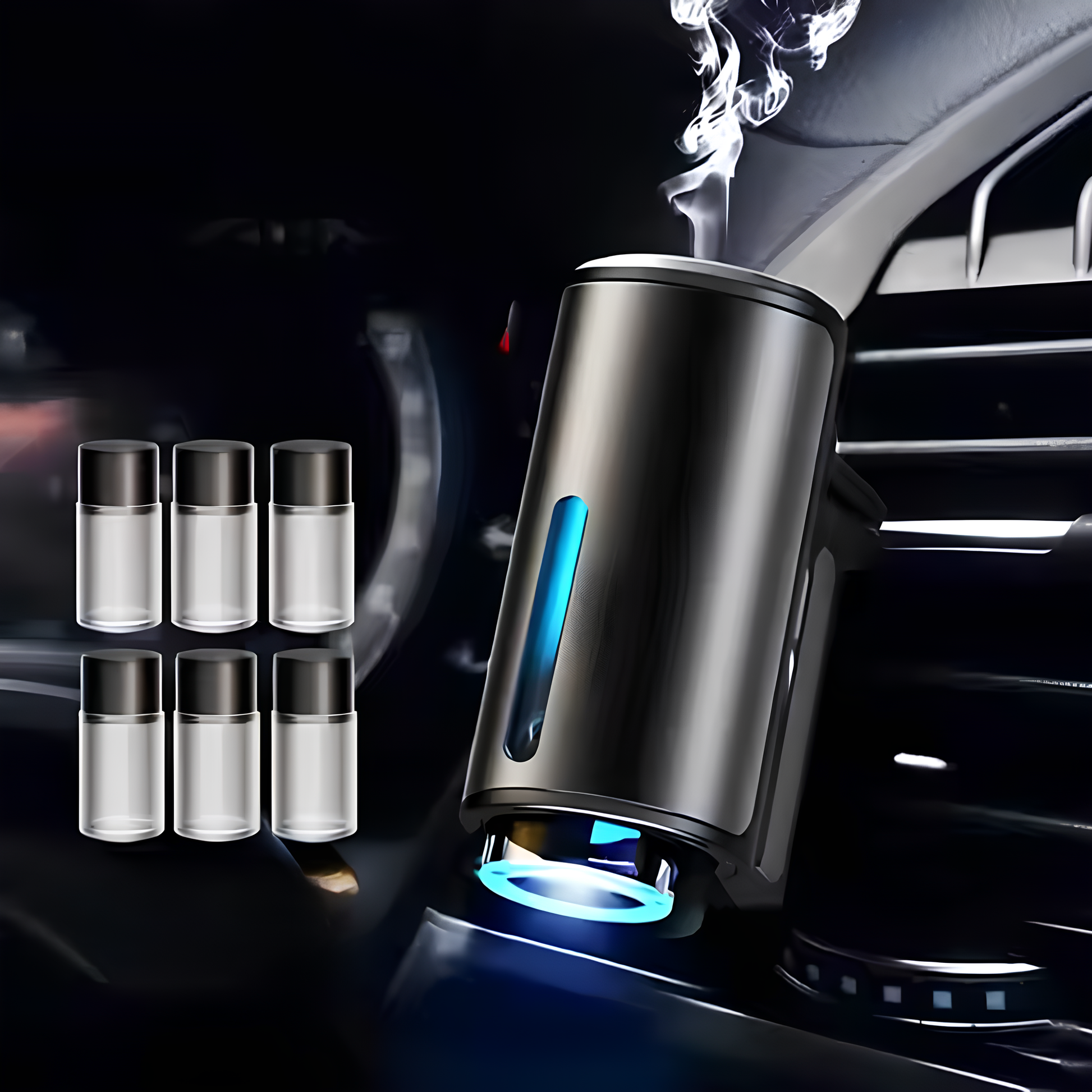Car air freshener with blue light indicator and six small bottles in a car interior setting.