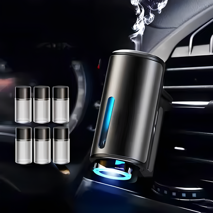 Car air freshener with blue light indicator and six small bottles in a car interior setting.